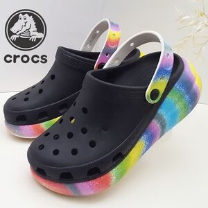 Unisex Platform CROCS🍭Black Multicolor Crush Spray Dye Clogs